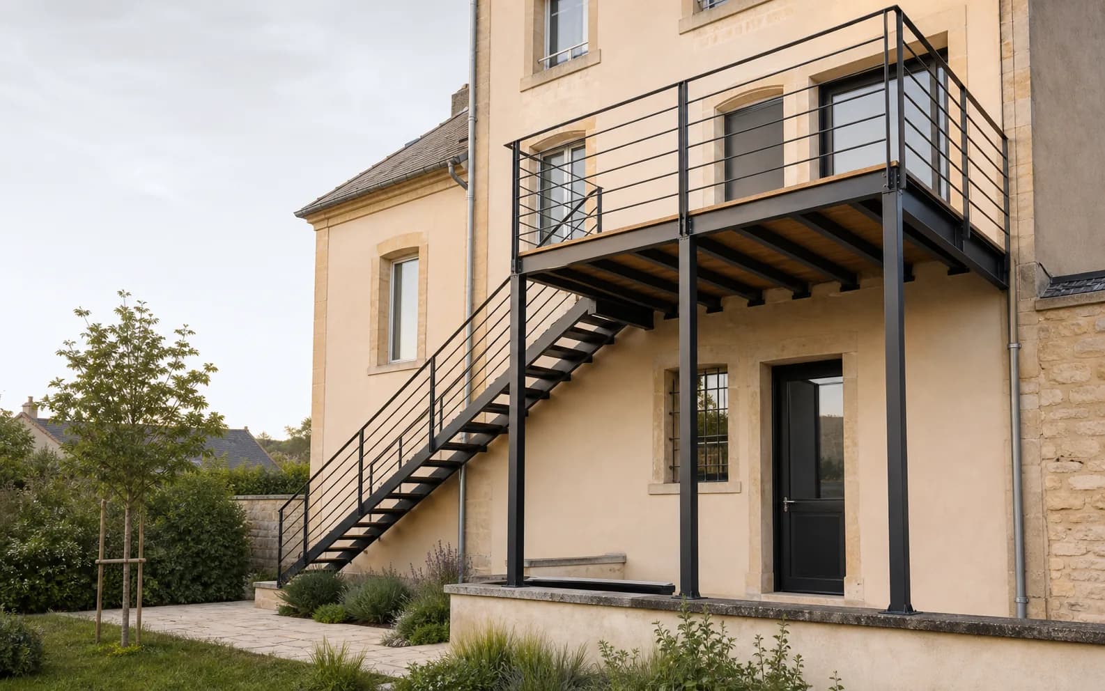 Terrasse suspendue en acier avec escalier d'accès au jardin, sur une maison en pierre