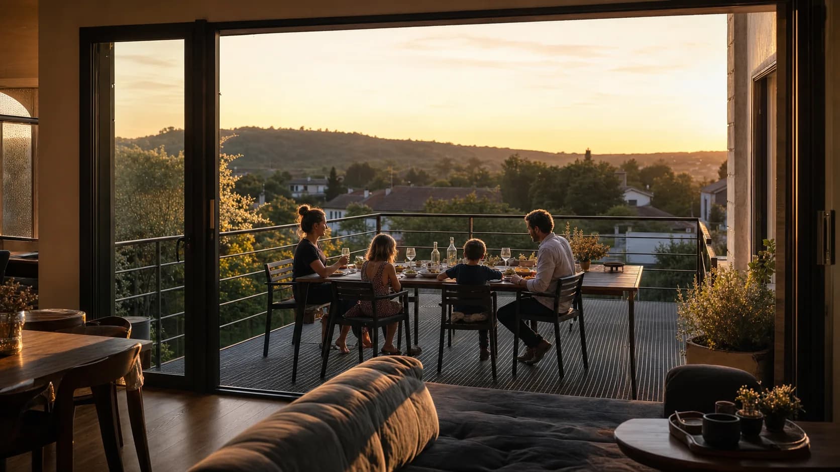 Repas de famille sur une terrasse suspendue, vu depuis le séjour ouvert