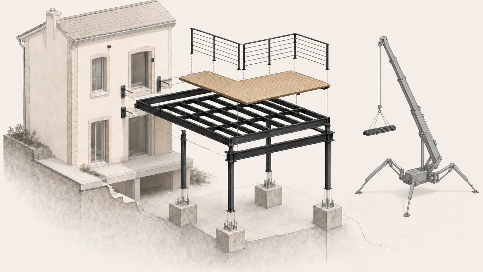 Vue éclatée d'une terrasse suspendue : fixations en façade, ossature acier, poteaux sur semelles béton, platelage et garde-corps