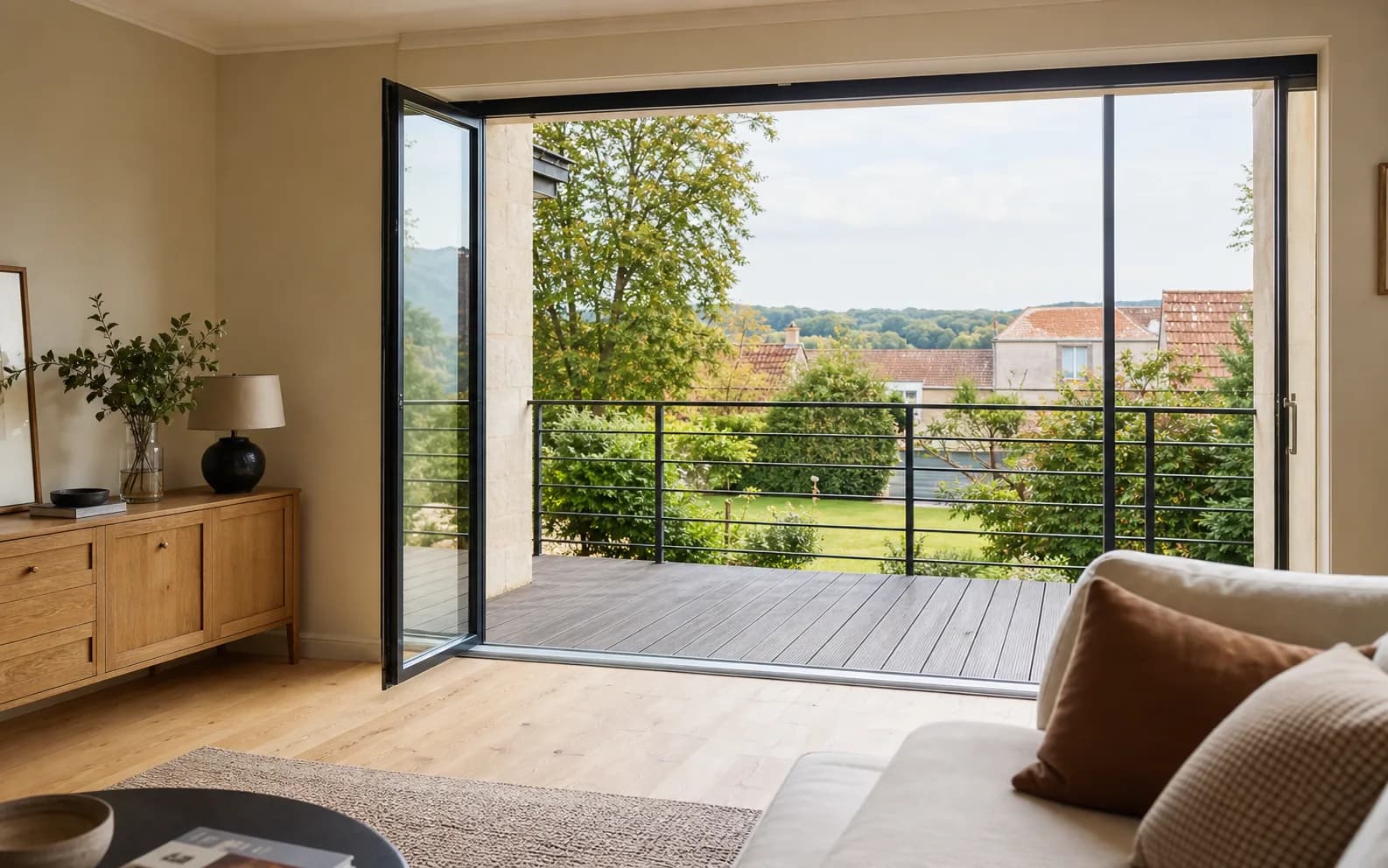 Séjour ouvrant de plain-pied sur une terrasse suspendue par une baie coulissante