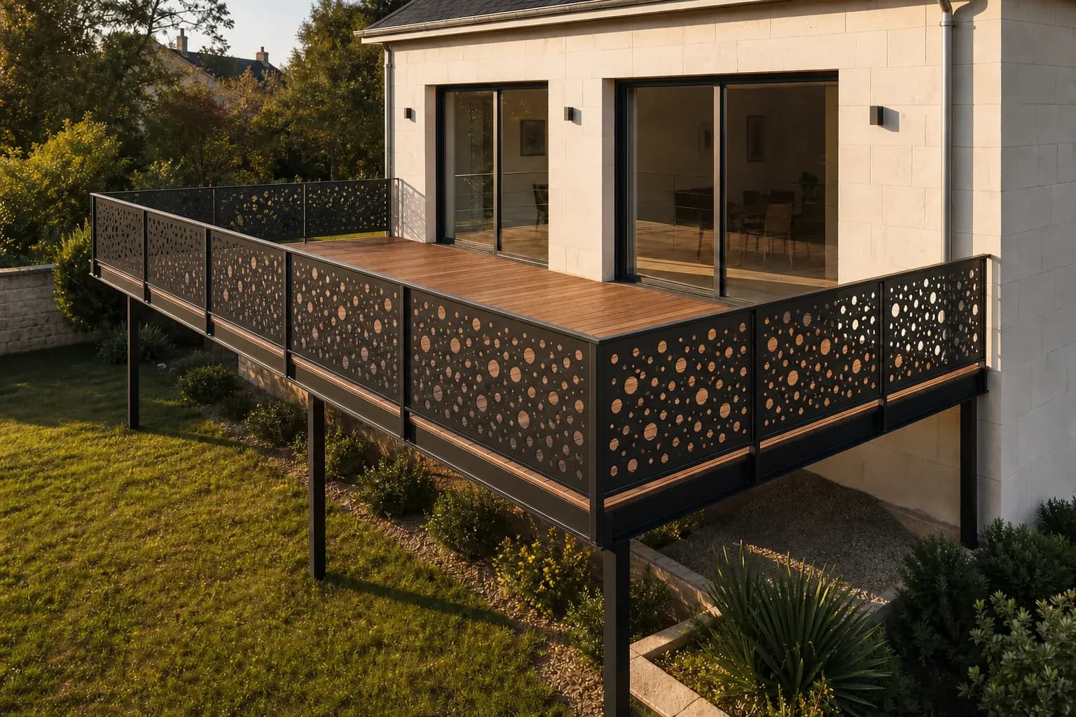 Terrasse suspendue en acier et bois vue depuis le jardin, avec un garde-corps ajouré à motif de disques