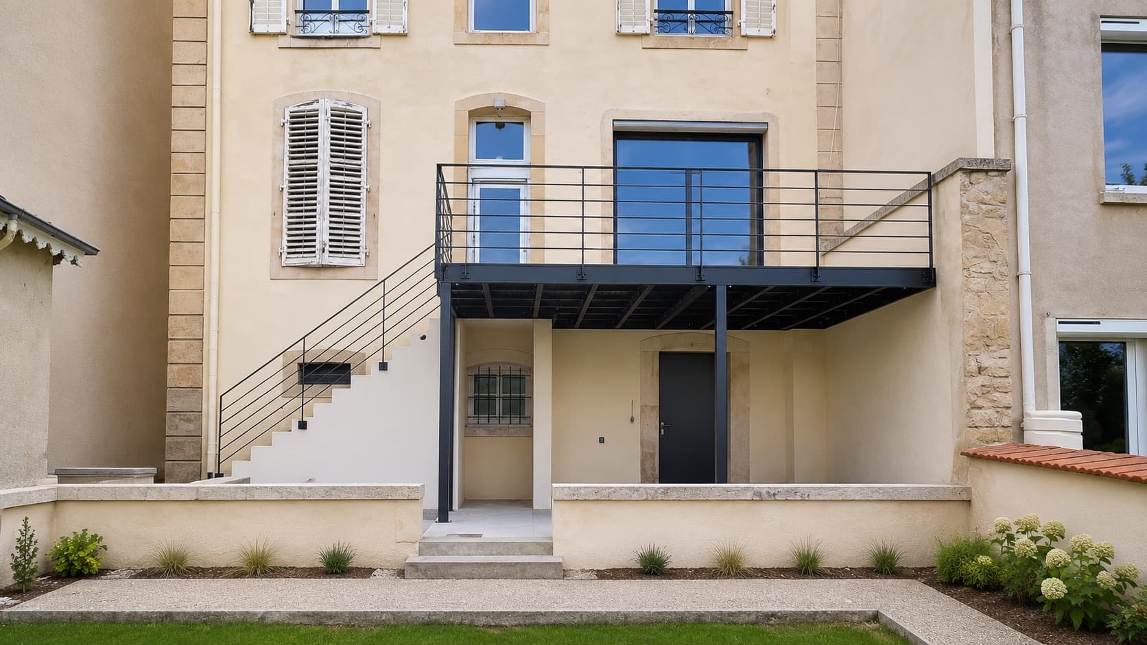Terrasse suspendue en acier avec escalier d'accès, à Nancy